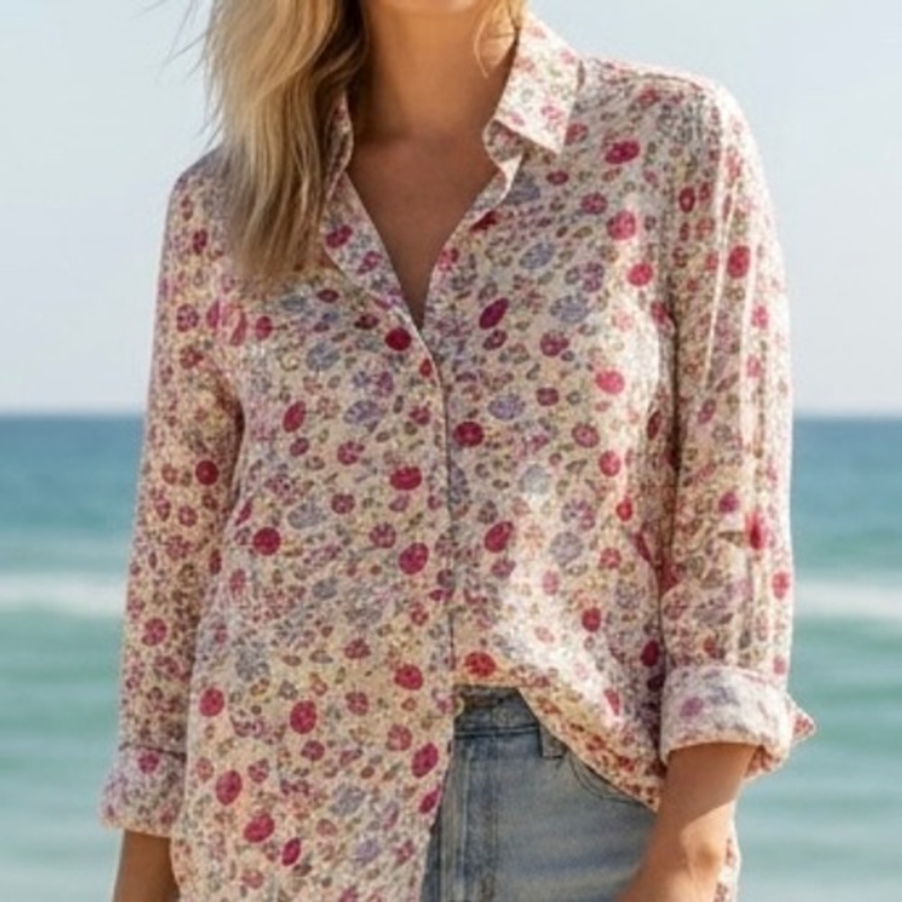 Lauren Conrad Womens Floral Button Down Shirt Pink Cotton XS Summer Party Preppy